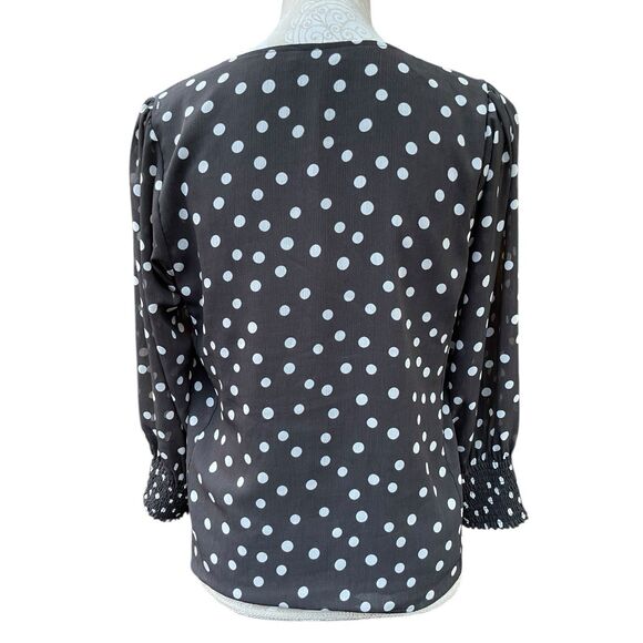 Retro Polka Dot Chiffon Button Blouse Black White Smocked Cuffs Sz 4 Retro Chic - Picture 5 of 15